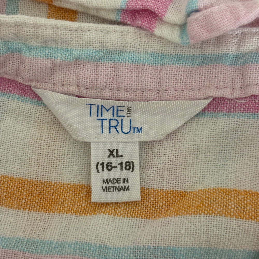 Striped Linen Blend Shirt Dress XL 16-18 Tie Waist Pockets - Picture 2 of 13